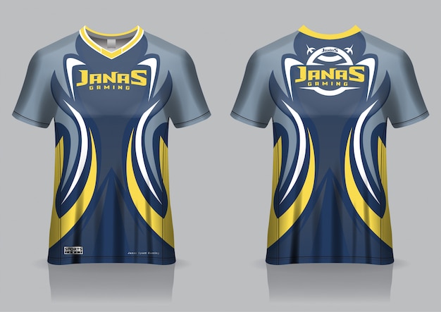 Modelo de camisa esport t camisa de jogo, uniforme, vista frontal e traseira