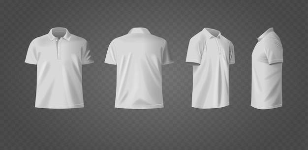 Modelo de camisa polo branca exibido em quatro vistas distintas mostrando perspectivas dianteiras, traseiras e laterais