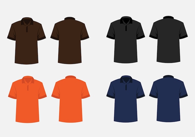 Modelo de camisa polo marrom, preto, laranja e azul.