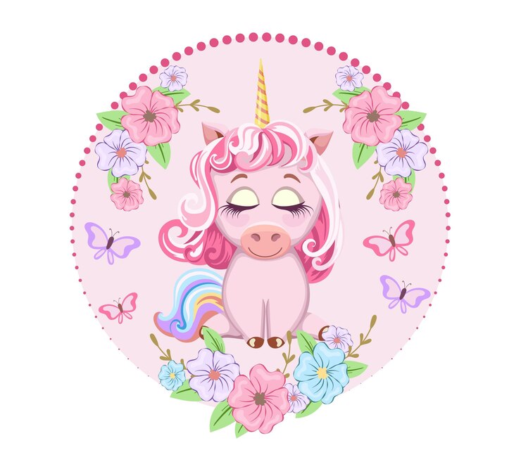 Vetor modelo de capa de cartão cartoon fofo unicórnio rosa sentado em frente a moldura floral com borboletas