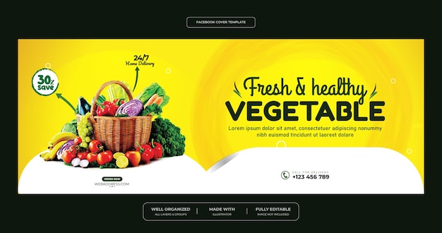 Vetor modelo de capa de facebook de promoção de mídia social de vegetais e mercearia de alimentos saudáveis