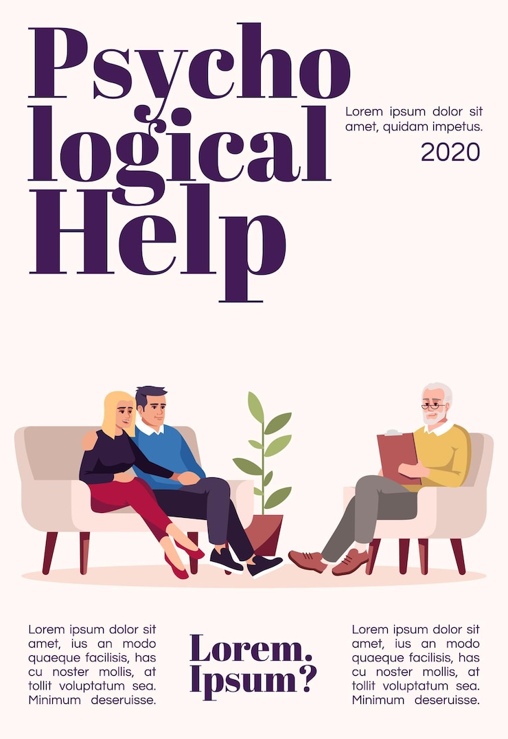 Vetor modelo de capa de revista de ajuda psicológica. consulta de psicologia. terapia da conversa. projeto de maquete de jornal. layout de página de vetor com personagem plano. publicidade de desenho animado com espaço de texto