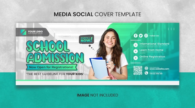 Modelo de capa social de mídia de admissão escolar verde com fundo desfocado