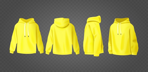 Modelo de capuz amarelo em fundo transparente mostrando quatro ângulos com design realista