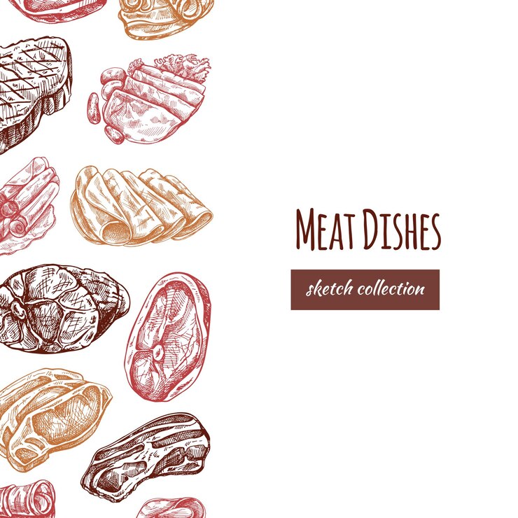 Vetor modelo de cardápio de carne em estilo vintage gravado esboços desenhados à mão de churrasco