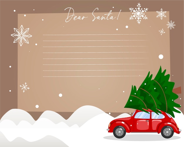 Modelo de carta ao papai noel. ilustração. neve, carro, árvore de natal