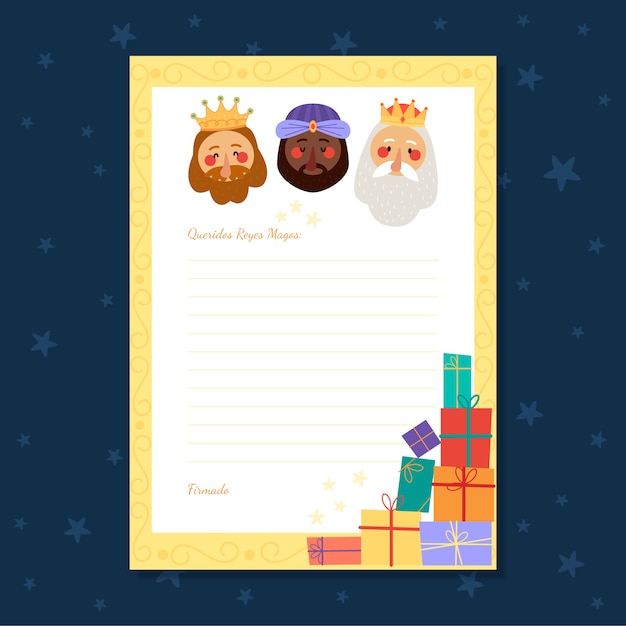 Modelo de carta da lista de desejos Flat Reyes Magos