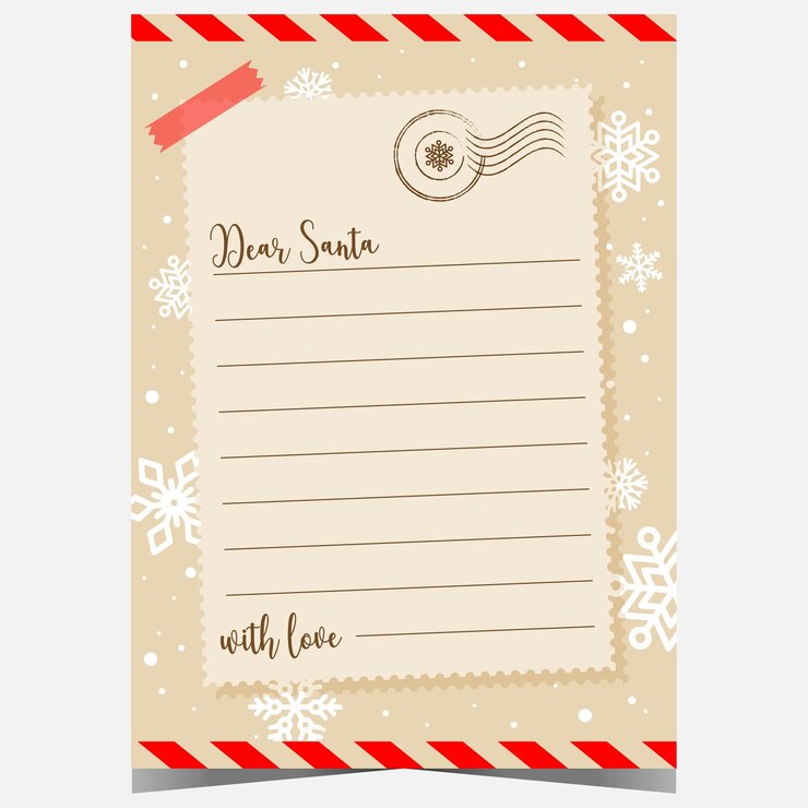 Vetor modelo de carta de natal para o papai noel com flocos de neve ao fundo