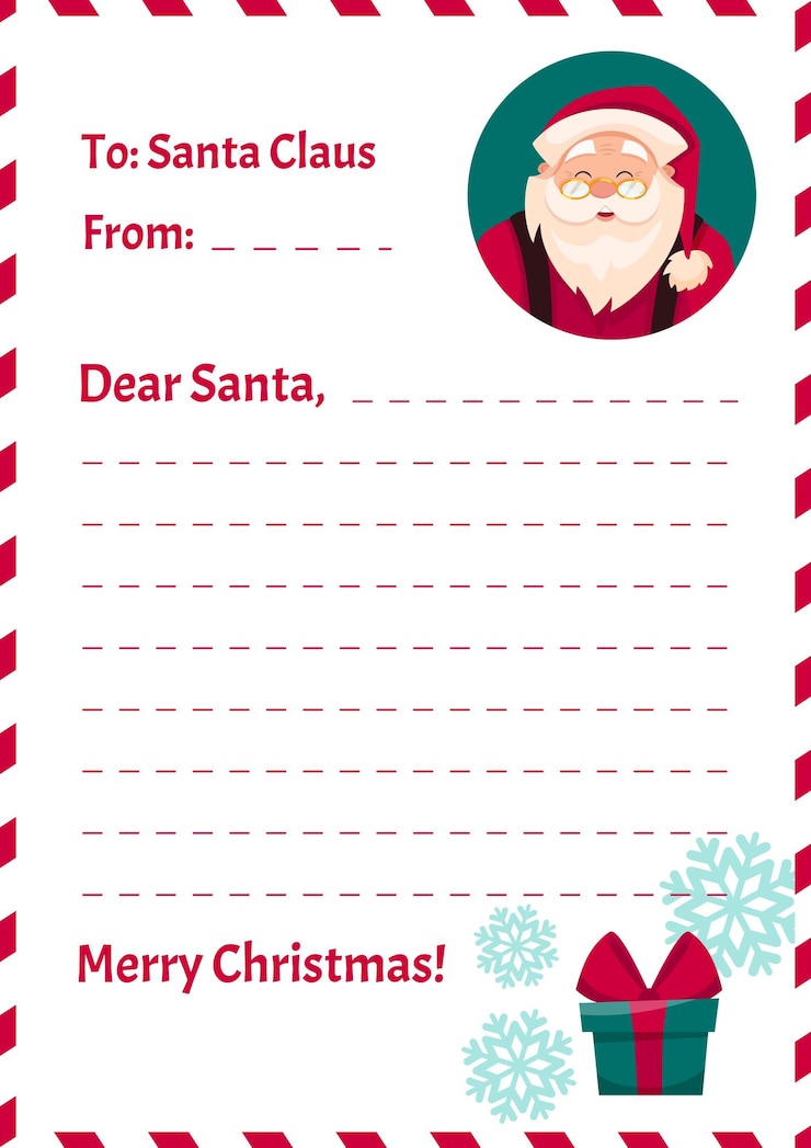 Vetor modelo de carta para a lista de desejos de natal das crianças do papai noel com elementos de neve e inverno de presentes