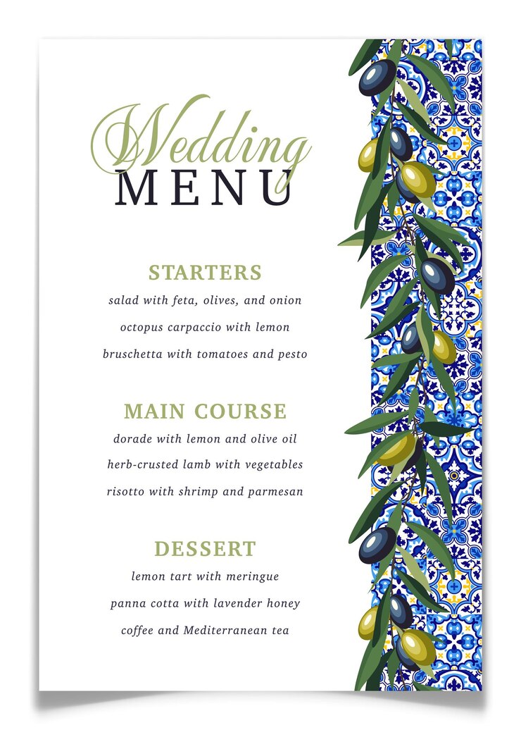 Vetor modelo de cartão de cardápio de casamento com azulejos azuis e galhos de oliveira cartão de menu de celebração mediterrânea