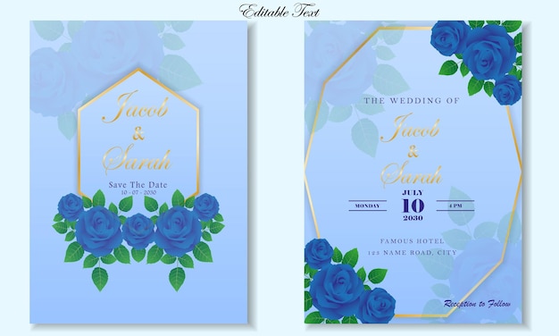 Modelo de cartão de casamento azul com moldura floral rosa azul por design vetorial