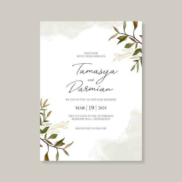 Modelo de cartão de casamento com aquarela de folhagem