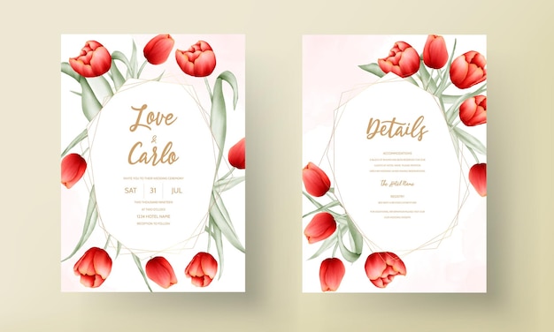 Modelo de cartão de casamento com linda flor de tulipa vermelha