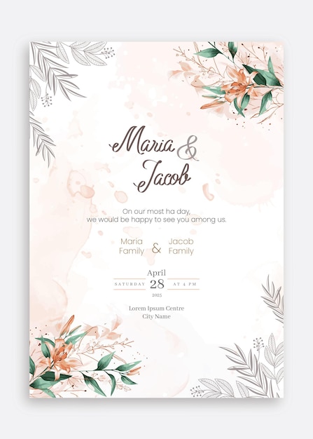Modelo de cartão de casamento e cardápio com flores bonitas