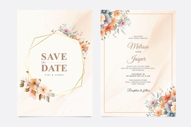 Modelo de cartão de casamento e cardápio com flores de aquarela bonitas