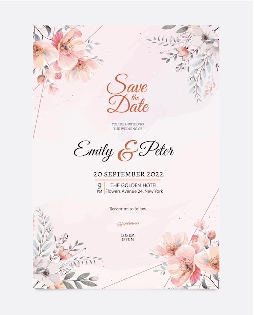 Modelo de cartão de casamento e cardápio com flores de aquarela bonitas