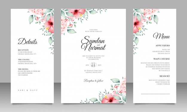 Modelo de cartão de casamento elegante com decoração floral minimalista