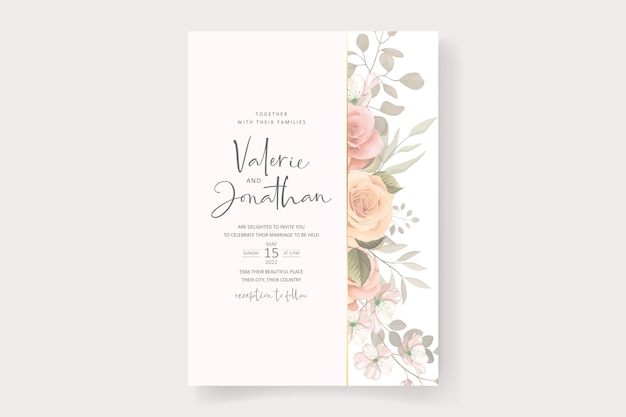 Vetor modelo de cartão de casamento elegante com enfeite de rosa florescendo