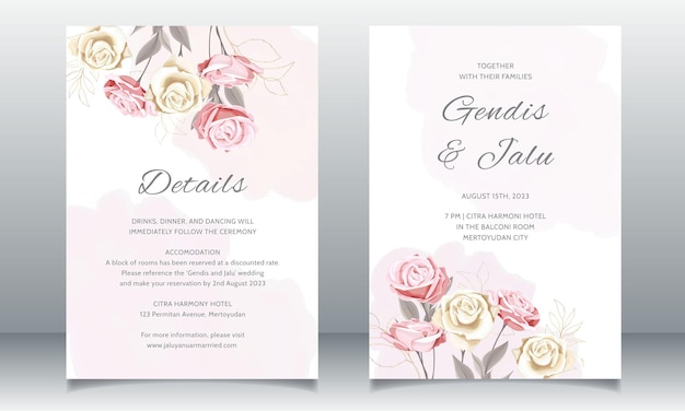 Modelo de cartão de casamento floral com rosas cor de rosa