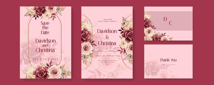 Vetor modelo de cartão de convite de casamento artístico rosa vermelho e bege com decorações florais