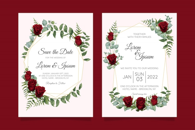 Vetor modelo de cartão de convite de casamento bonito conjunto com moldura floral geométrica