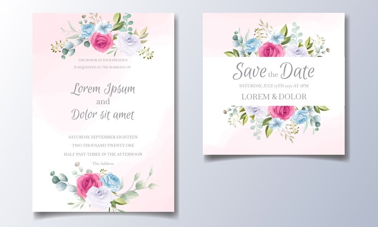 Modelo de cartão de convite de casamento bonito e elegante conjunto com moldura floral