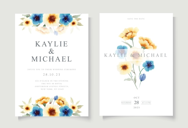 Modelo de cartão de convite de casamento com aquarela de flores amarelas azuis
