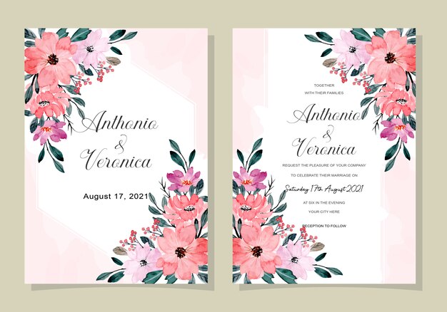 modelo de cartão de convite de casamento com aquarela floral rosa