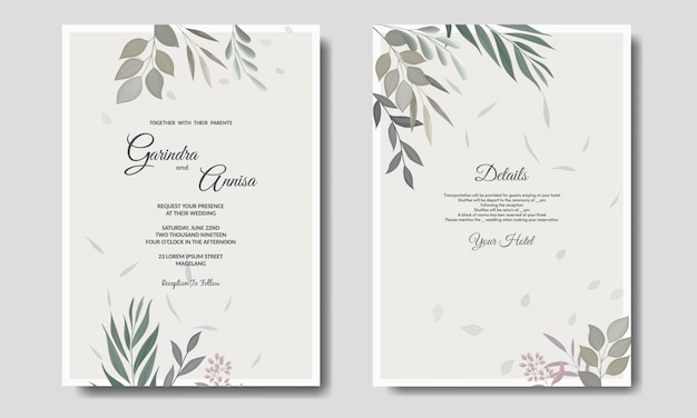 Modelo de cartão de convite de casamento com decoração de folhas premium