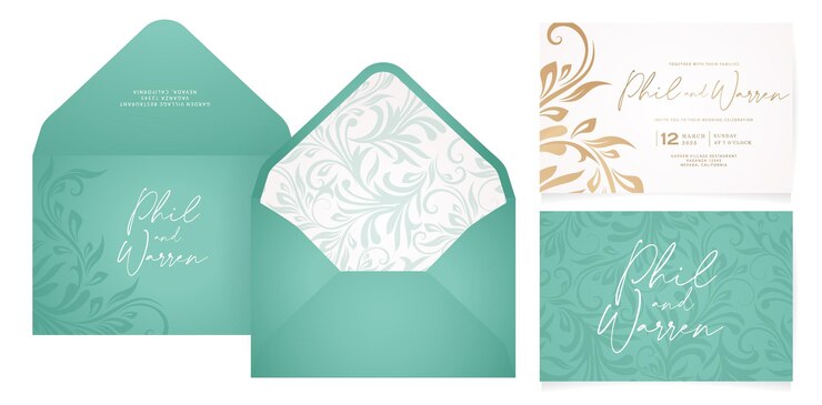 Vetor modelo de cartão de convite de casamento com envelope de design de motivos florais definido para modelo de cartões de felicitações