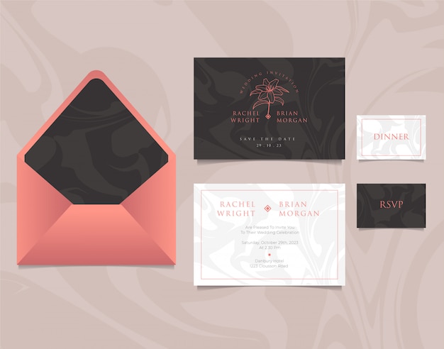 Vetor modelo de cartão de convite de casamento com envelope, design elegante nas cores rosa, preto e brancos