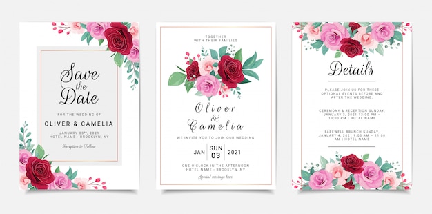 Modelo de cartão de convite de casamento com flores e ouro decoração geométrica