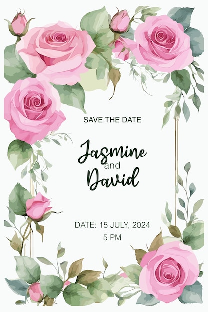 Modelo de cartão de convite de casamento com flores pretas e rosa com folhas verdes