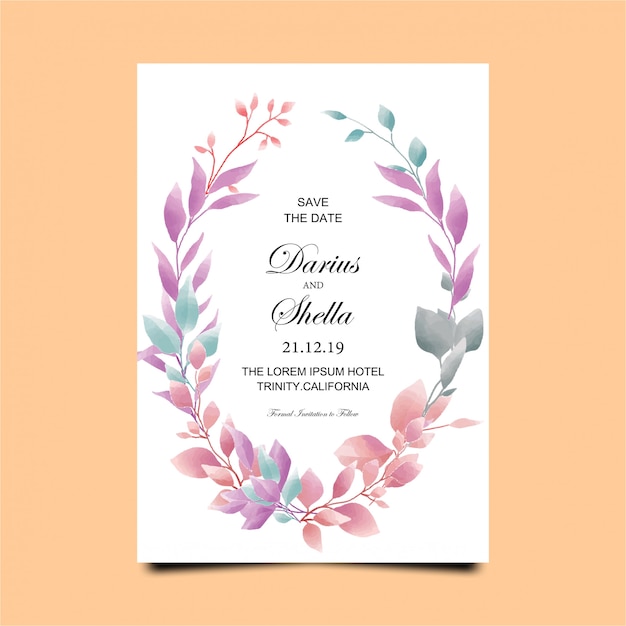 Vetor modelo de cartão de convite de casamento com folhas rosa em estilo aquarela
