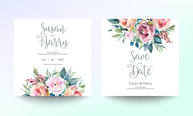 Vetor modelo de cartão de convite de casamento com lindas flores e folhas cartaz de design de pincel aquarela