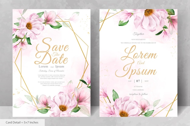 Modelo de cartão de convite de casamento com moldura floral arranjo de magnólia