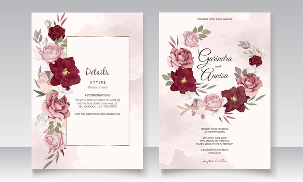 Modelo de cartão de convite de casamento com moldura floral marrom lindo
