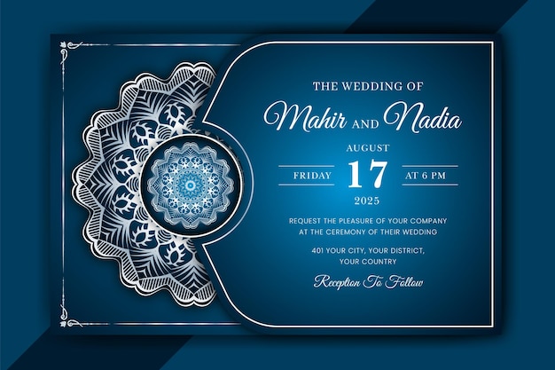 Modelo de cartão de convite de casamento de mandala de luxo com padrão de arabesco fundo islâmico árabe