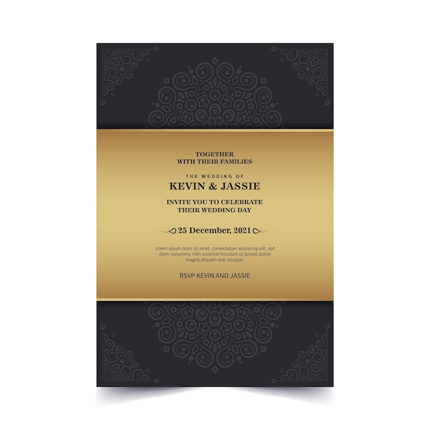 Modelo de cartão de convite de casamento de mandala de ouro escuro de luxo