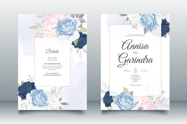 Modelo de cartão de convite de casamento elegante com floral e folhas rosa azul marinho vetor premium