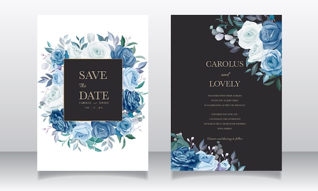 Modelo de cartão de convite de casamento elegante com linda moldura floral azul