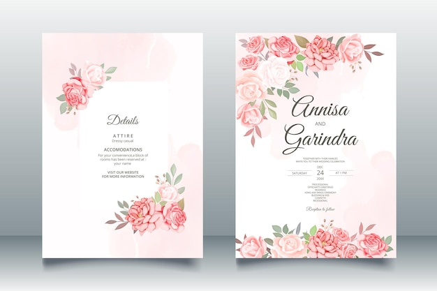 Modelo de cartão de convite de casamento elegante com lindas folhas florais vetor premium