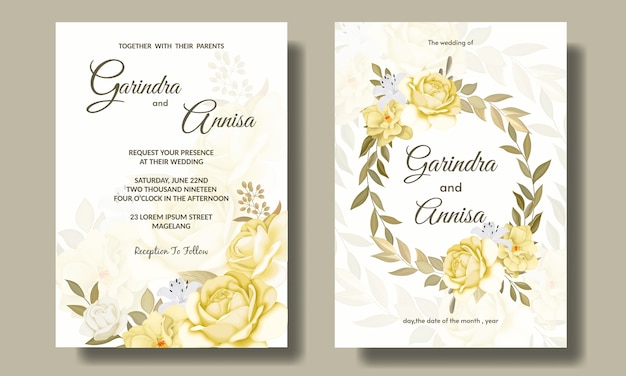 Modelo de cartão de convite de casamento elegante com lindos florais e folhas