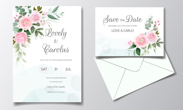 Modelo de cartão de convite de casamento elegante conjunto com lindas rosas e folhas verdes