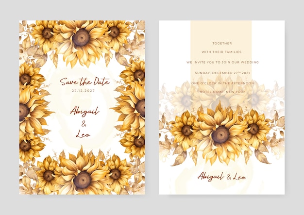 Vetor modelo de cartão de convite de casamento elegante de girassol amarelo com aquarela floral e folhas