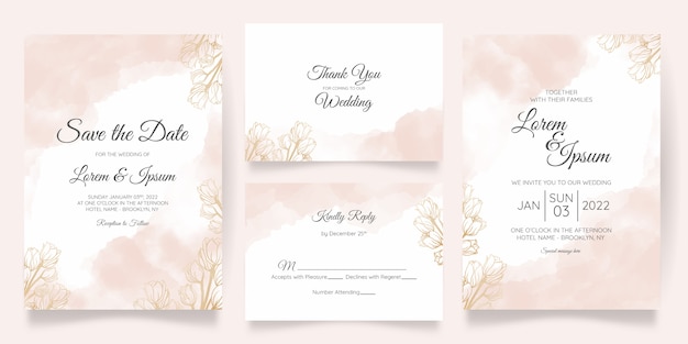 Modelo de cartão de convite de casamento em aquarela com decoração floral dourada