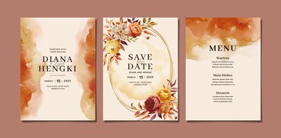 Modelo de cartão de convite de casamento em aquarela com flores de outono