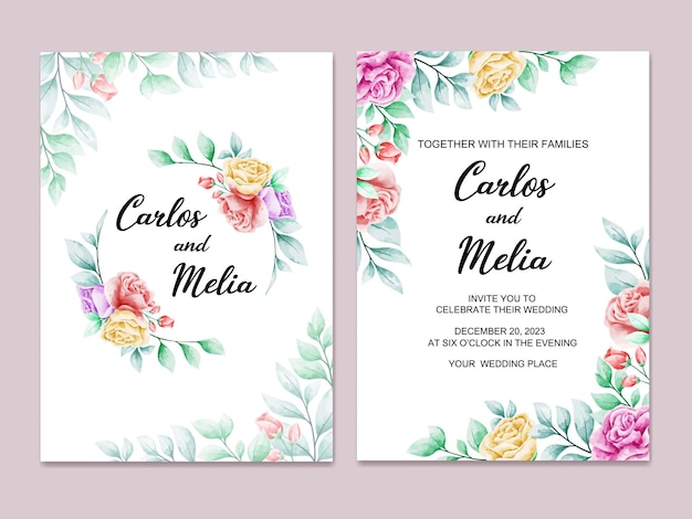 Vetor modelo de cartão de convite de casamento em aquarela de flores