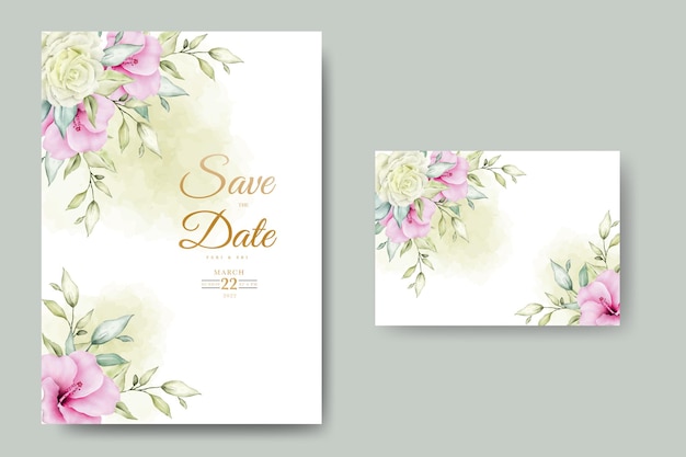 modelo de cartão de convite de casamento em aquarela de lindas folhas florais
