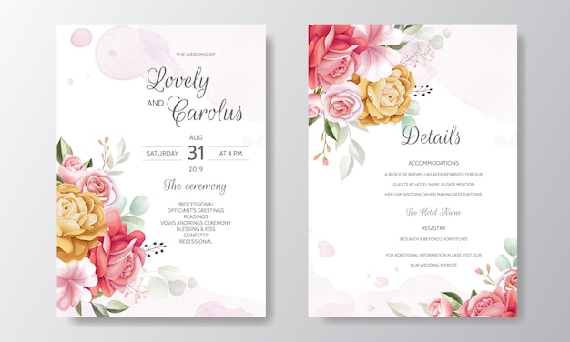 Modelo de cartão de convite de casamento em aquarela elegante conjunto com floral bonito e folhas